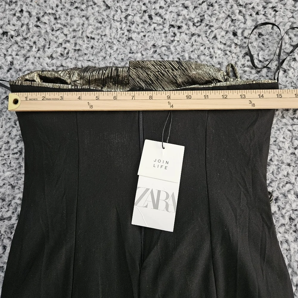 Zara Gold Metallic Mini Dress S Small Sleeveless Ruffled Bow Holiday Party - Picture 10 of 14